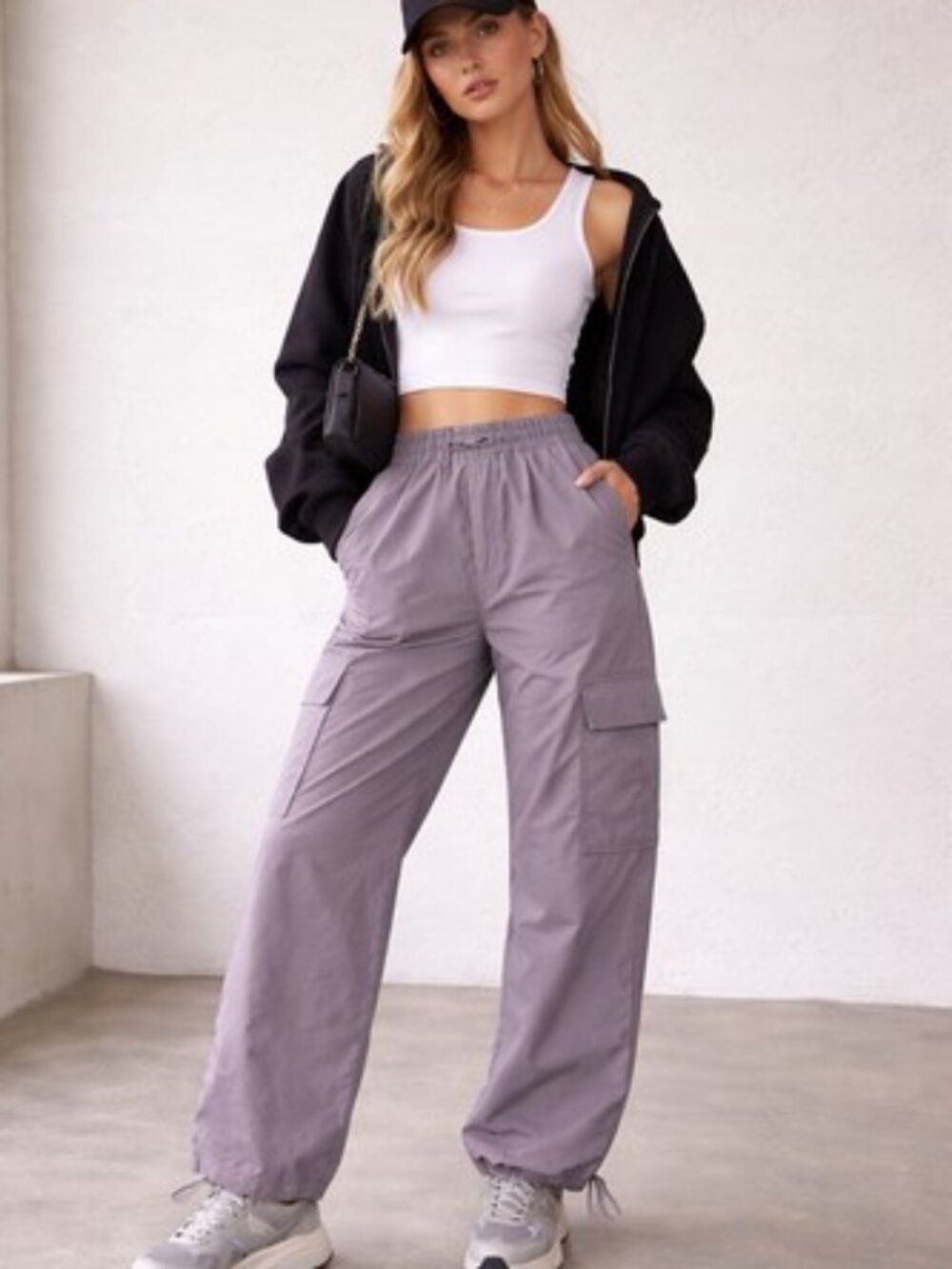 Wilo The Label Parachute Cargo Pants Women’s S Purple Gray Nylon Wide